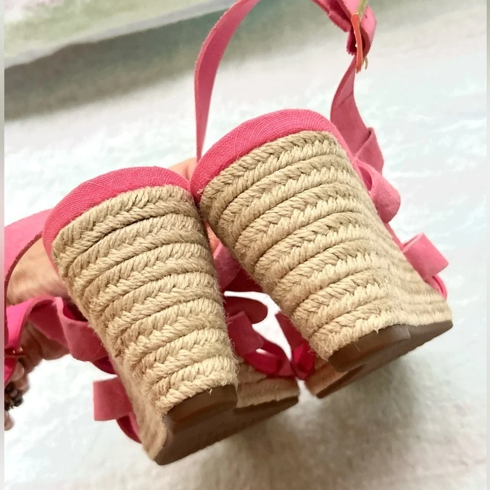 Cole Haan Crystal Wedge Size 10 Sandals Strappy Suede Jute Espadrille